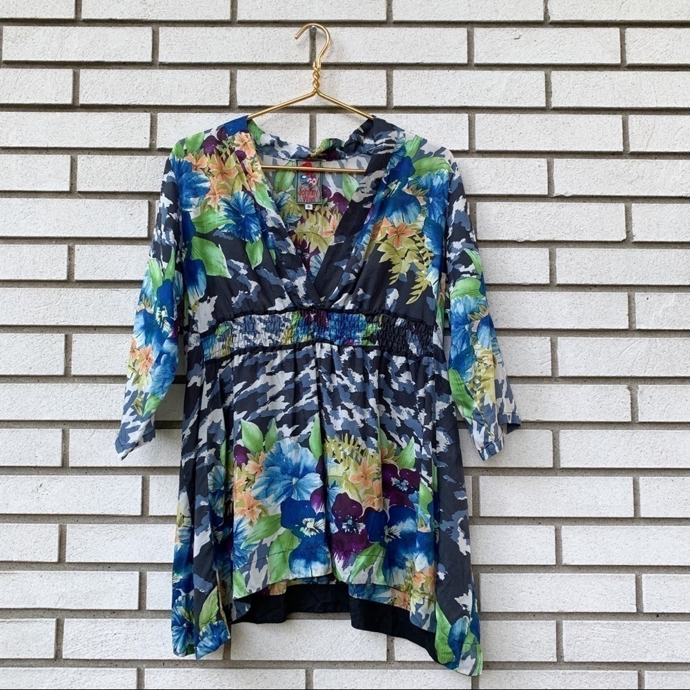Johnny‎ Was 100% Silk Watercolor Floral Smocked Waist V-Neck Tunic Top Blue S